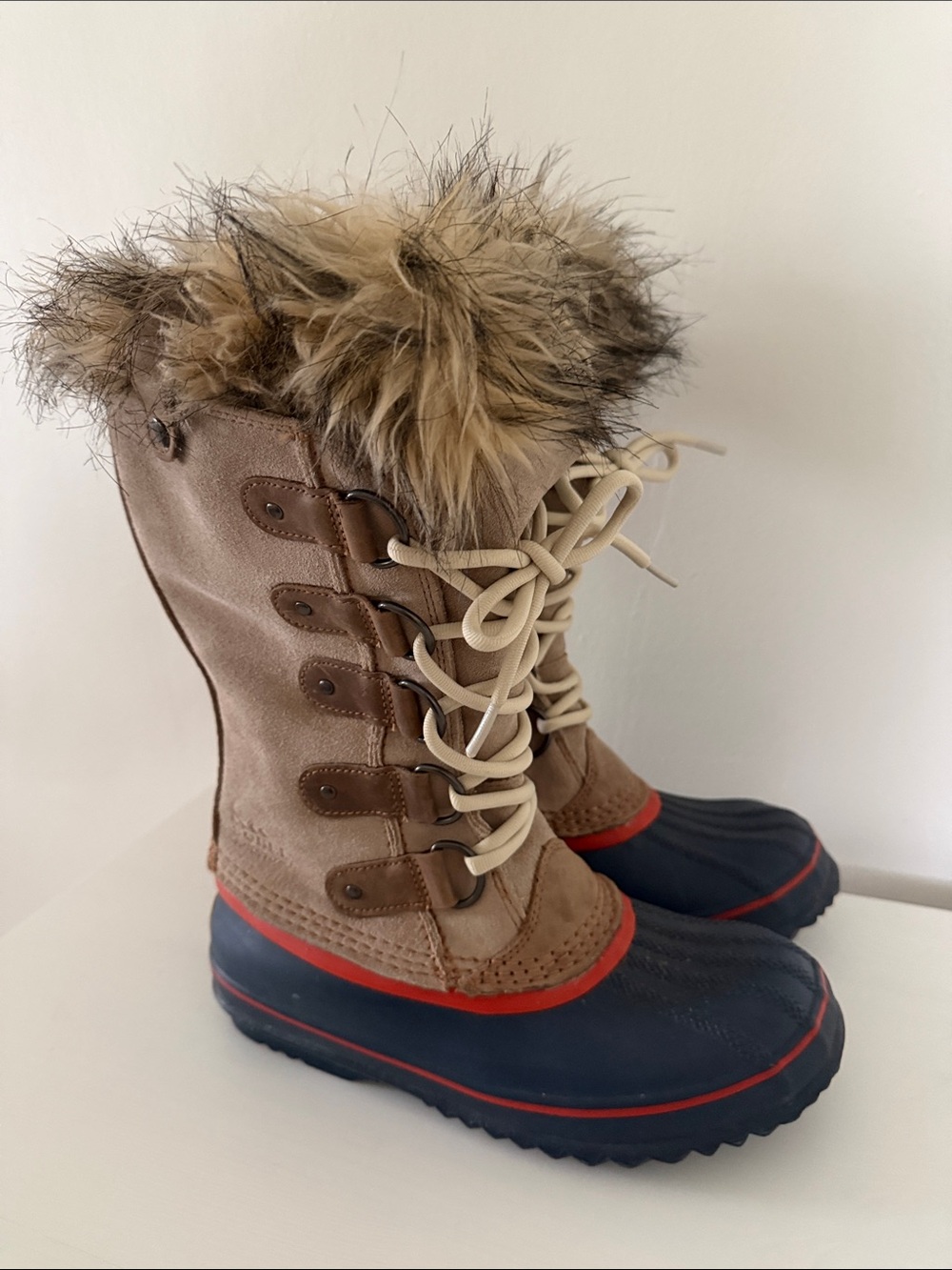 Sorel Tan and Navy Fur-Trim Waterproof Winter Boots
